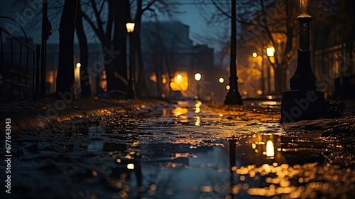Street lamp in the city at night with reflection in puddle. Lights on the streets of the city at night in the rain. © korkut82
