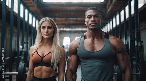 Muscular interracial couple at the gym