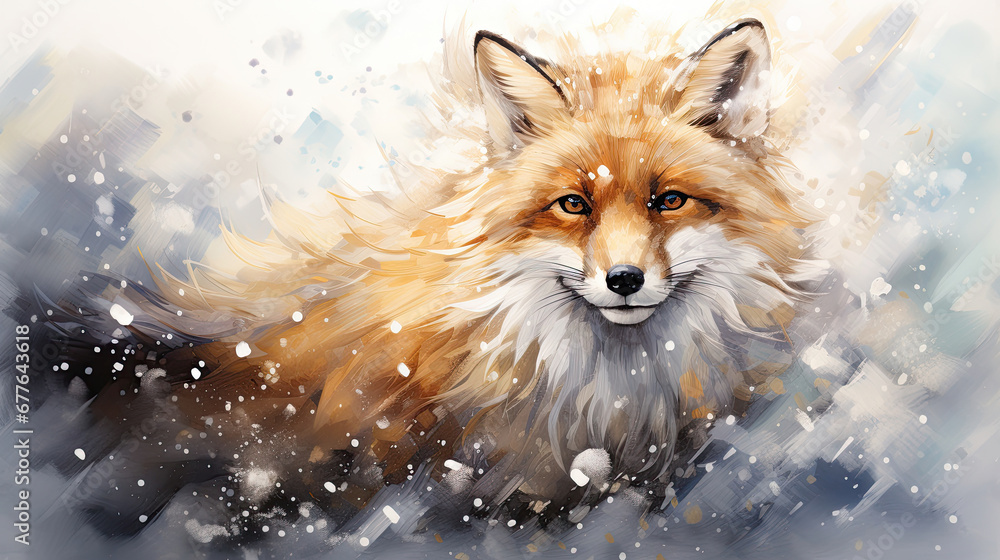 Digital painting of a red fox in winter with snowflakes.  