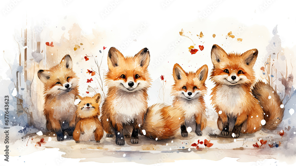 Cute fox family. Watercolor hand drawn illustration on white background