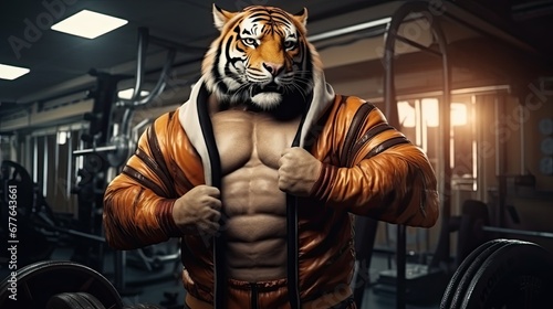 Muscular tiger with sport clothes at gym