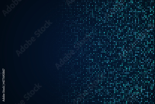 Blue, bright digital data matrix of binary code numbers isolated on a dark blue background with space for text on the left side. Technology, coding, or big data concept. Vector illustration photo