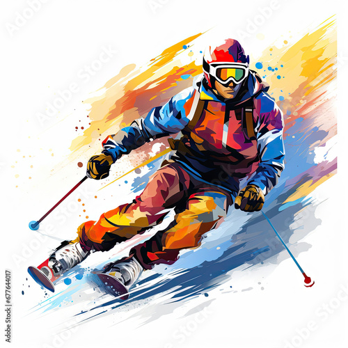 Vector illustration of skier in action on a background of colored splashes. Extreme winter sport.
