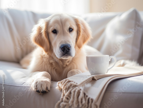 A golden retriever is lying on the couch with a book and a cup