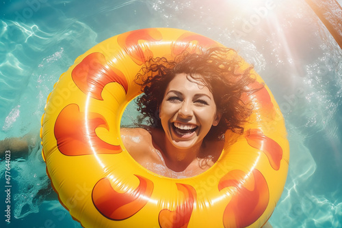 A happy smiling woman in a bright swimsuit swimming on inflatable ring at pool photo