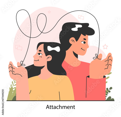 Emotional intelligence. Healthy attachment style in a romantic relationship. Man and woman tied with a string. Loving couple. Flat vector illustration
