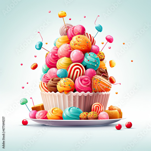 Birthday cupcake with colorful candies and sweets, vector illustration