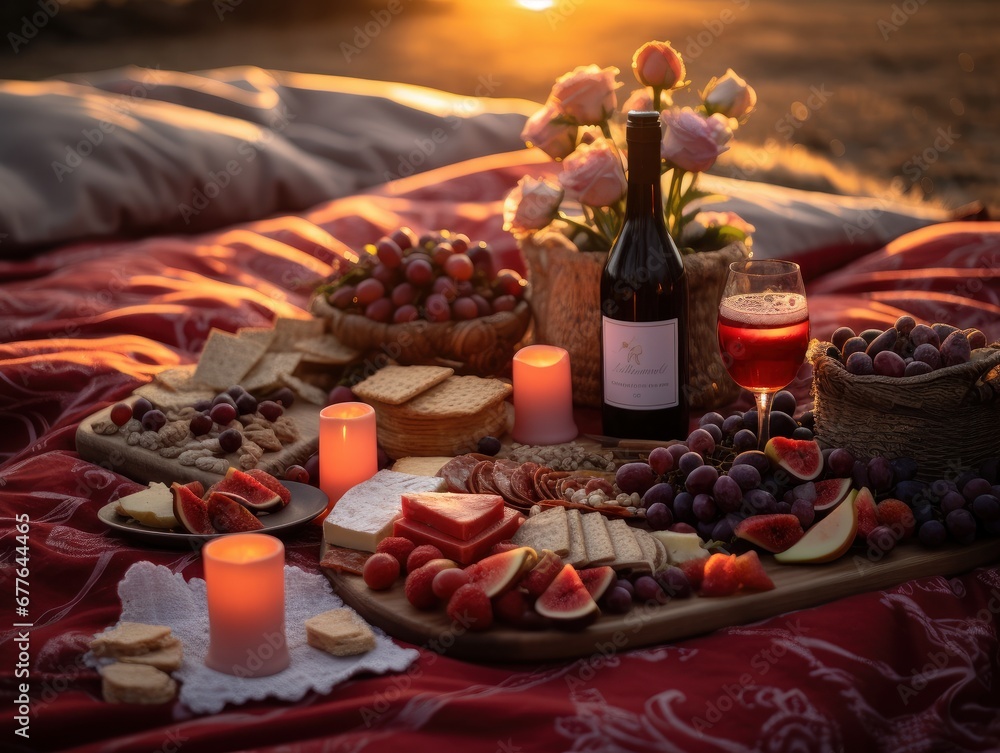 Valentine's Day date with a beautifully arranged picnic blanket during sunset