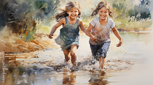 Two little girls running in the water. Digital watercolor painting. 