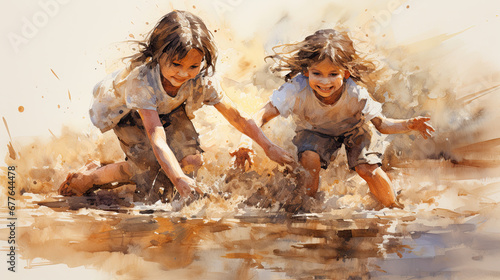 Children playing in water. Watercolor painting on canvas. Children playing in water. 