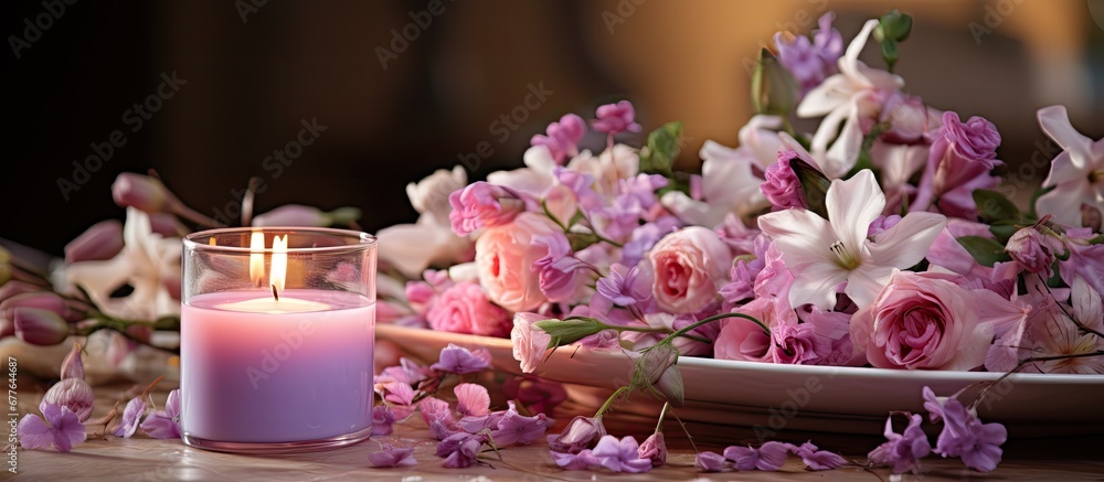 The woman carefully arranged a beautiful bouquet of flowers on the table creating a romantic still life with a glass vase petals and candle in the background exuding a sense of beauty and tr The woman carefully arranged a beautiful bouquet of flowers on the table creating a romantic still life with a glass vase petals and candle in the background exuding a sense of beauty and tr
