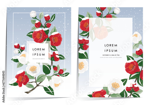 Vector Illustration of Floral Frame Set with Snowfall on Fully Bloomed Camellia Branches 	
