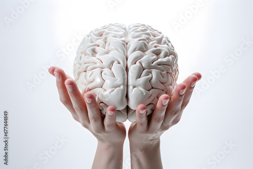 Hands holding white human brain on white background