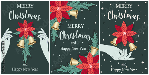 Set retro Christmas Card Cover trendy style. Xmas 2024 poster with Christmas Holly mistletoe flower in doodle hand. Flat Groovy New Year website banner cut out paper style. Vector Art. XMAS brochure