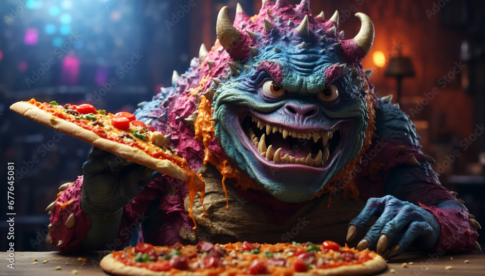 A funny monster eating pizza.
