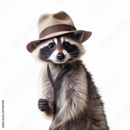 A curious raccoon with a fedora and suspenders isolated AI generated illustration