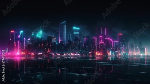 A futuristic night city in the distance glowing AI generated illustration