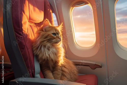 Fototapeta fluffy ginger cat sitting on blue airplane seat looking at window traveling and