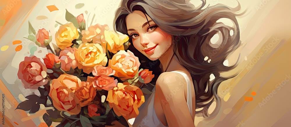 The woman received a beautiful illustration of a girl holding a colorful bouquet of roses as a gift