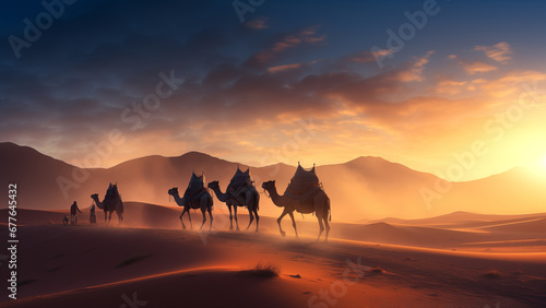 Camel caravans strolling around in the late afternoon  feeling the heat of the desert.