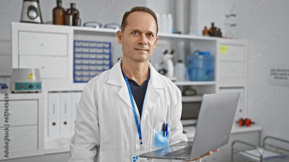 Cheerful middle age man scientist confidently working with laptop at lab, wholly engrossed in his research, a warm smile adorning his face amidst the cool glow of technology. Cheerful middle age man scientist confidently working with laptop at lab, wholly engrossed in his research, a warm smile adorning his face amidst the cool glow of technology.