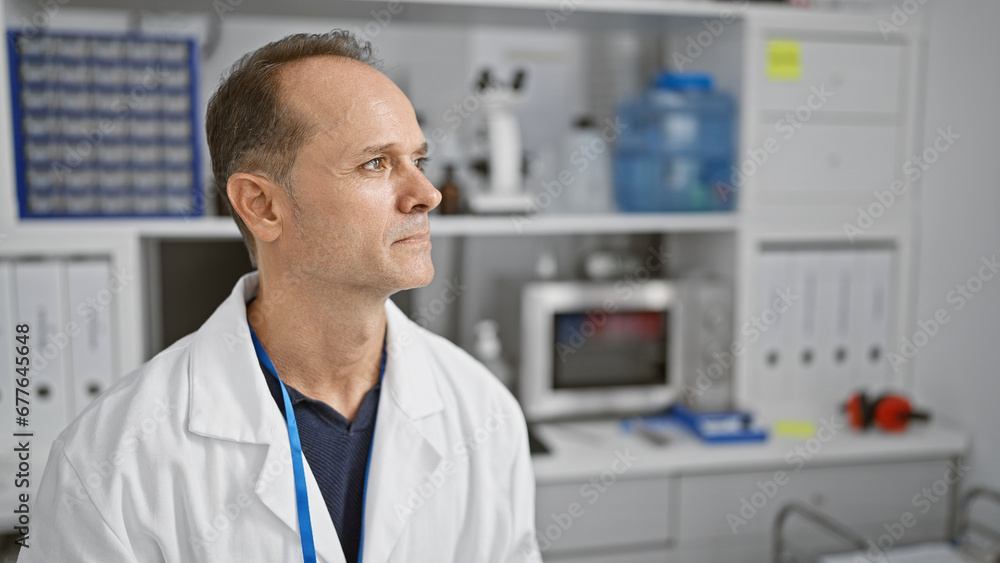 Serious-faced middle age man, a meticulous scientist, sitting immersed in his work, experimenting with test tubes in a bustling laboratory environment Serious-faced middle age man, a meticulous scientist, sitting immersed in his work, experimenting with test tubes in a bustling laboratory environment