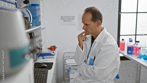 Handsome middle age man, a serious scientist, deep in thought at his computer in a bustling laboratory, immersed in cutting-edge medical research