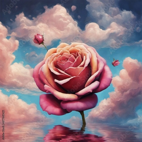 a floating  rose in the clouds, romantic, glorious, beautiful, detaoled, high resolution photo