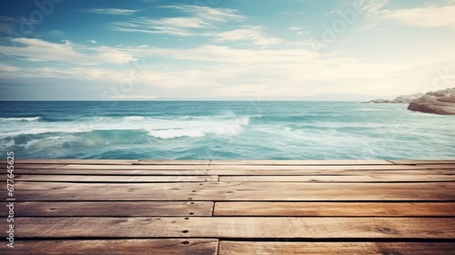 Fotografia Empty wooden table on sea background Desk of free space AI generated illustratio