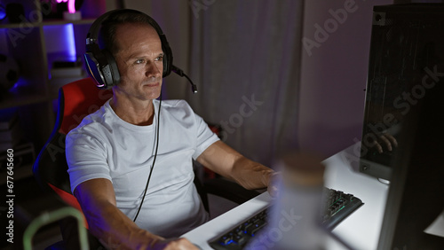 Handsome middle age man streaming video game at night, sitting seriously concentrated at his cyber gaming room, fully equipped with futuristic technology © Krakenimages.com