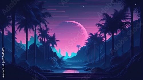 Fantasy futuristic night landscape with palm trees AI generated illustration