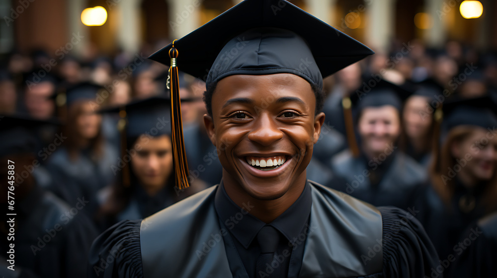 Fototapeta premium A Guy of African American appearance graduating student celebrating Graduation. School graduation.