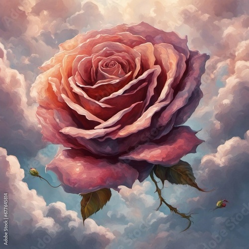 a floating rose in the clouds, romantic, glorious, beautiful, detaoled, high resolution photo