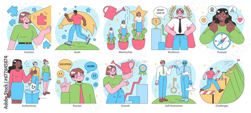 Finding your way in life set. Diverse character navigating personal development and career paths. Improvement and growth, resilience and self-awareness. Soft skills. Flat vector illustration.