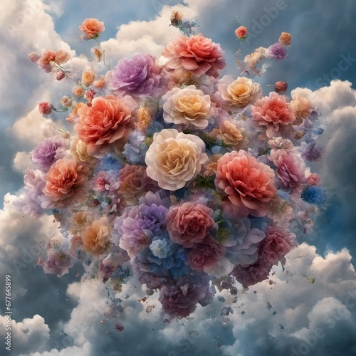 a floating bouquet of flowers in the clouds, romantic, glorious, beautiful, detaoled, high resolution photo
