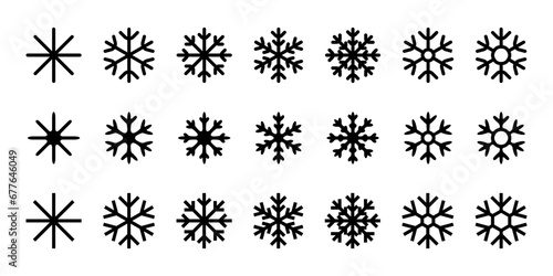 角丸または角張った形のシンプルな黒い雪の結晶、スノーフレイク。 ベクターイラスト白黒アイコンセット素材