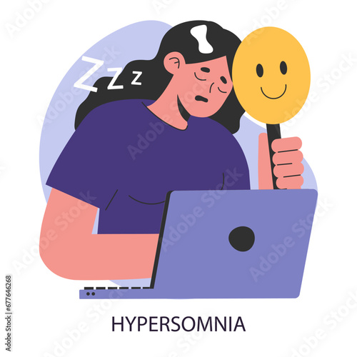 Hypersomnia. Excessive sleepiness neurological disorder. Unexpected slumber on a workplace. Woman napping during the workday while holding a cheerful mask. Flat vector illustration.