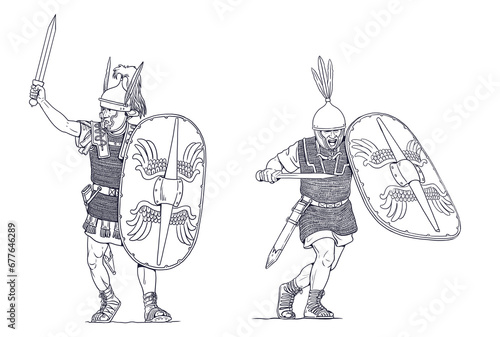 Roman legionnaires in battle. Punic Wars. Historical drawing.