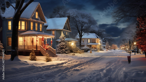 Scene of a country house with a decorated tree in the yard for Christmas