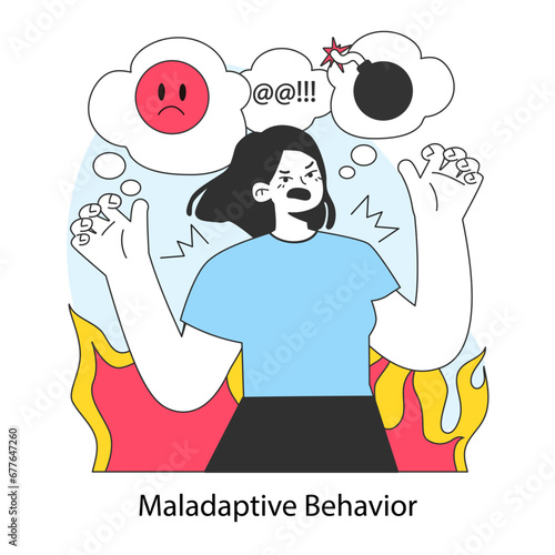 Maladaptive behavior. Neurosis, chronic stress and anxiety mental disorder. Angry furious cursing woman expressing negative emotions., Flat vector illustration