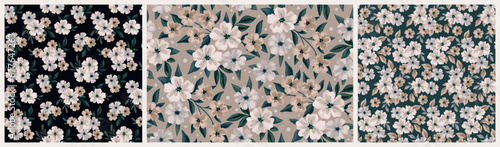 Seamless floral pattern, liberty ditsy print with vintage rustic motif in the collection. Beautiful botanical design with small watercolor plants: white hand drawn flowers, leaves on dark. Vector.