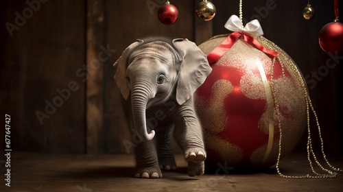 A baby elephant gently carries a giant Christmas ornament in its trunk, a heartwarming display of holiday cheer.