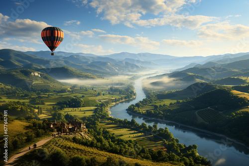hot air balloon, hot air balloon in the mountains, An early morning balloon ride over a picturesque landscape of rolling hills and vineyards