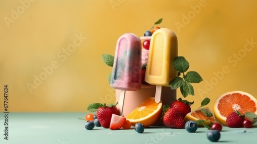 Levitating ice cream popsicles with fruit and berrie AI generated illustration