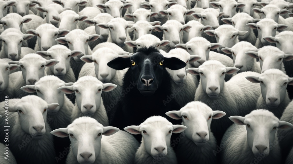 Obraz premium Black sheep among the white. Concept of being different, standing out from the crowd, being yourself. Generative AI
