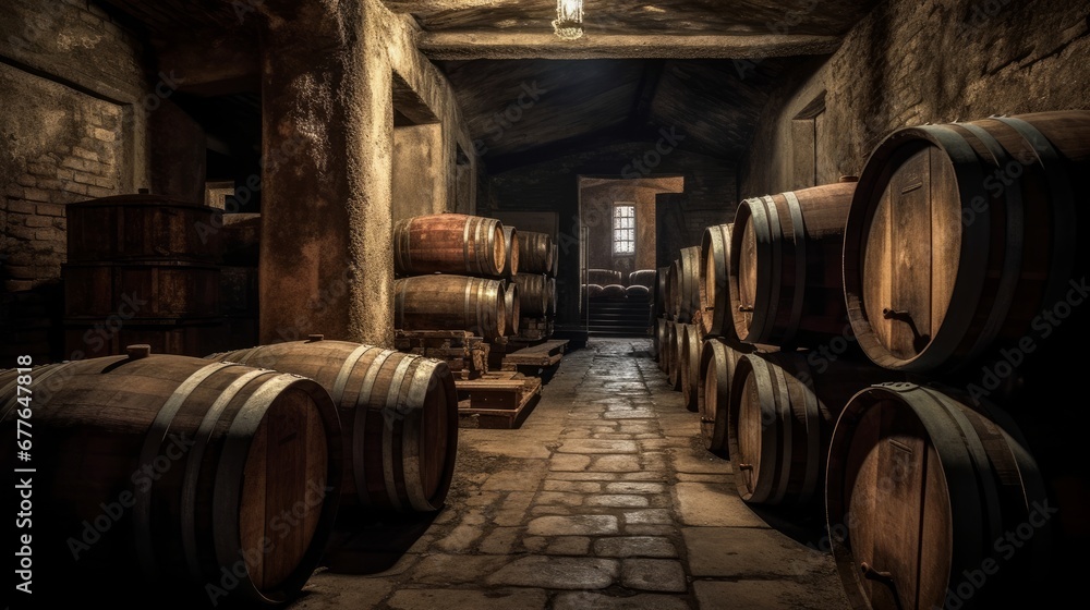 Old Wooden barrels with wine in a wine vault cellar AI generated illustration
