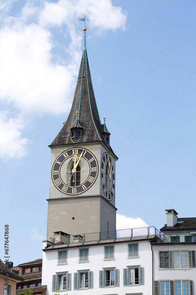 View of the historic city center with famous Saint Peter. Zurich, Switzerland. View of the historic city center with famous Saint Peter. Zurich, Switzerland.