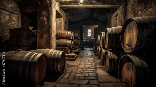 Old Wooden barrels with wine in a wine vault cellar AI generated illustration