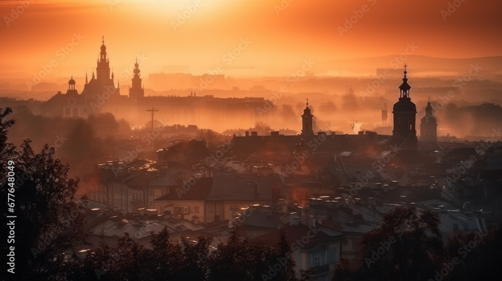 Fototapeta premium sunrise in old european city landscape AI generated illustration