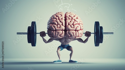 3D style human brain cartoon lifting weights. The concept of mental health, memory and brain training. Generative AI photo